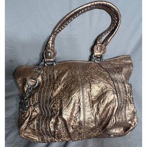 B. Makowsky Metallic Bronze Copper Gold Tote Bag Purse With Braided Handles & Ke